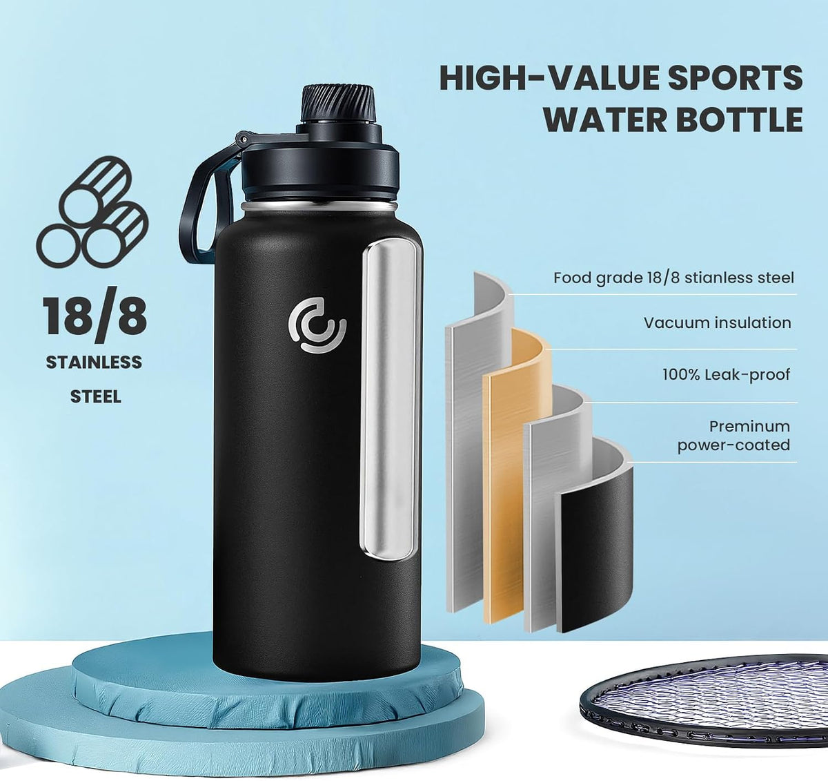 32oz Sports Water Bottle in black with insulated stainless steel design and handle.