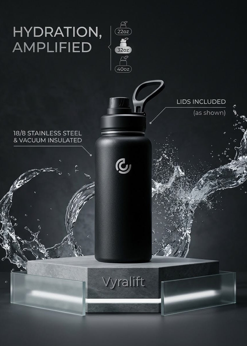 32oz Sports Water Bottle in black with insulated stainless steel design and handle.