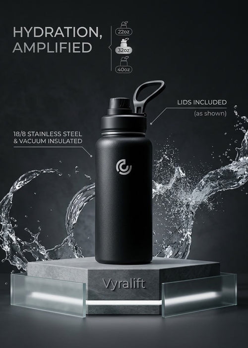 32oz Sports Water Bottle in black with insulated stainless steel design and handle.