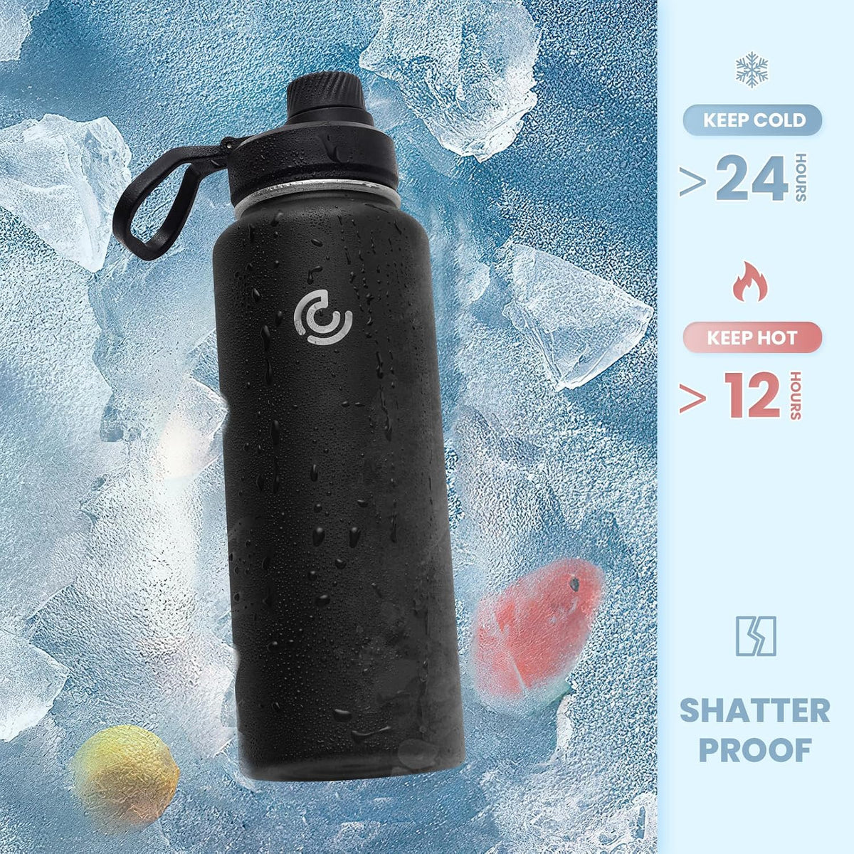 32oz Sports Water Bottle in black with insulated stainless steel design and handle.