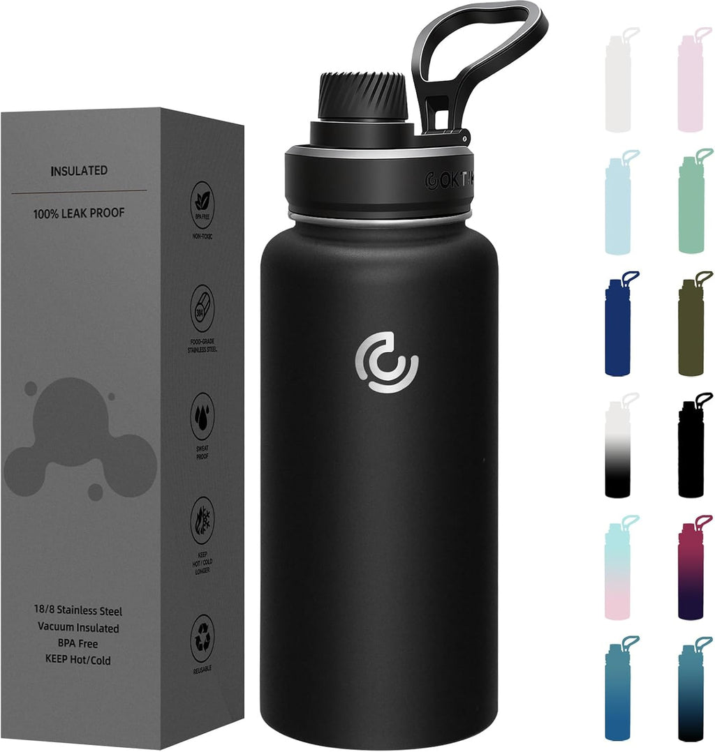 32oz Sports Water Bottle in black with insulated stainless steel design and handle.