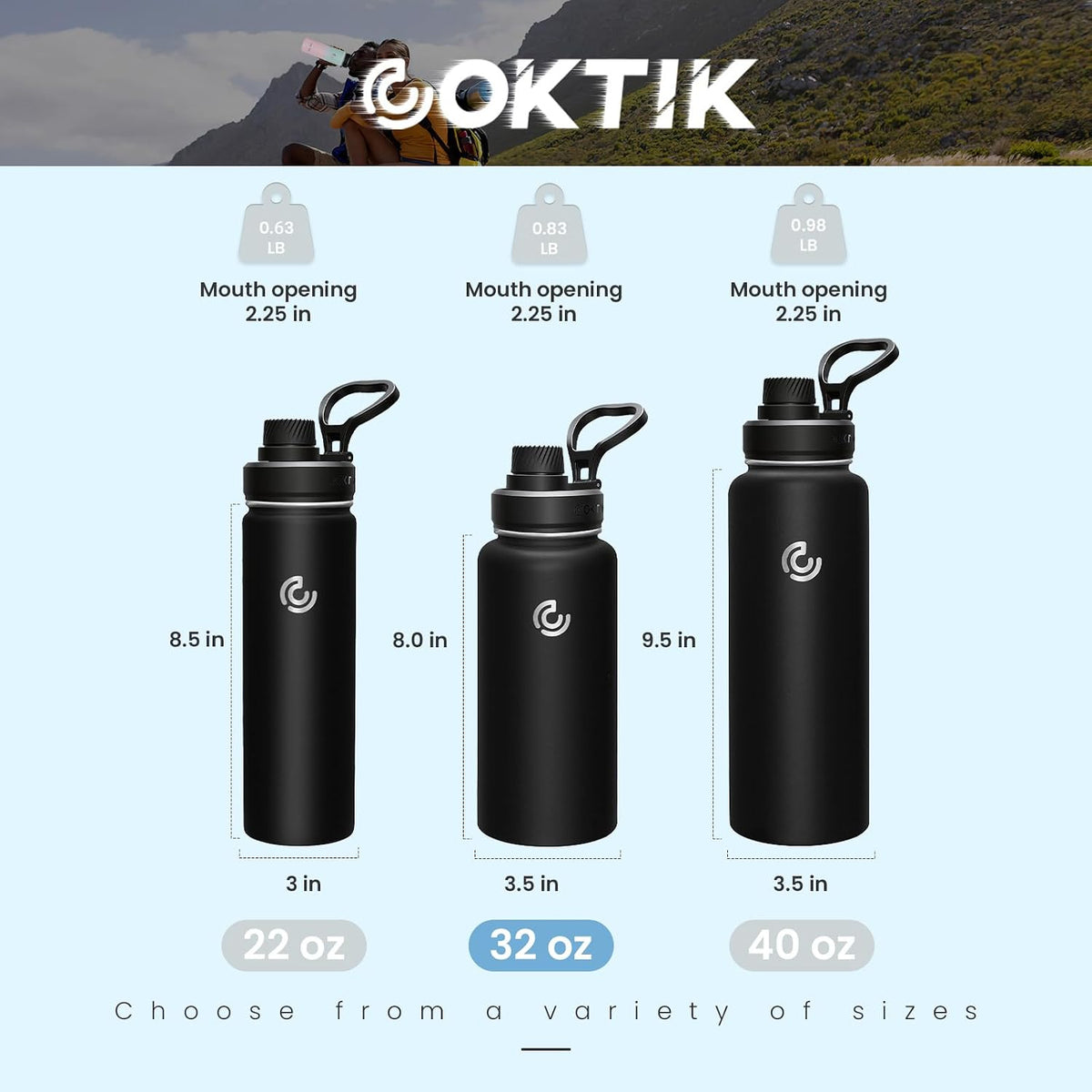 32oz Sports Water Bottle in black with insulated stainless steel design and handle.